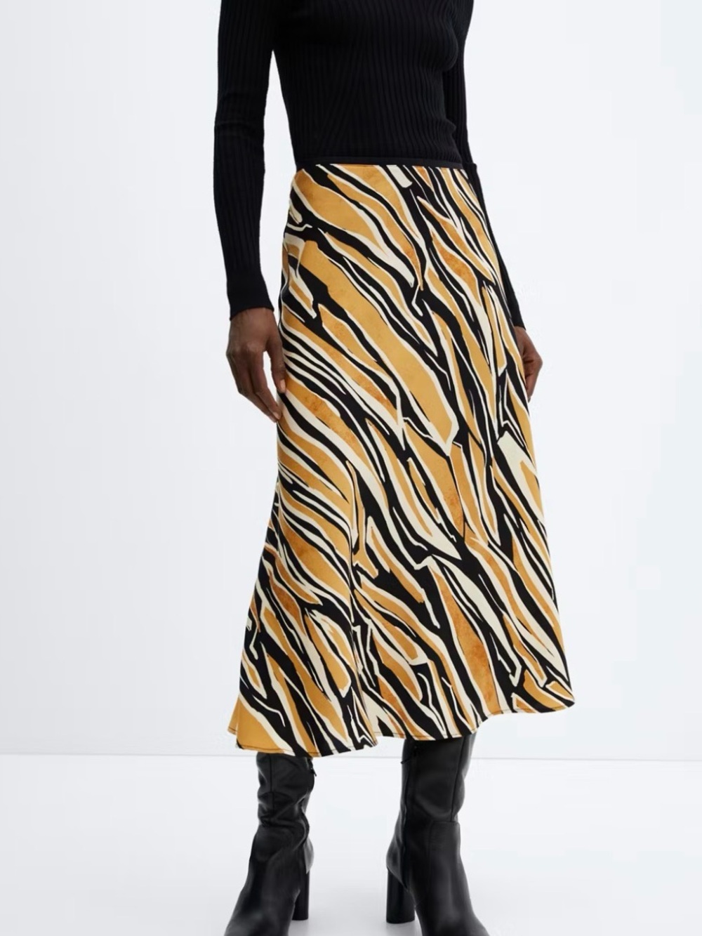Mango Black, Mustard and Cream Zebra-Print A-Line Midi Skirt